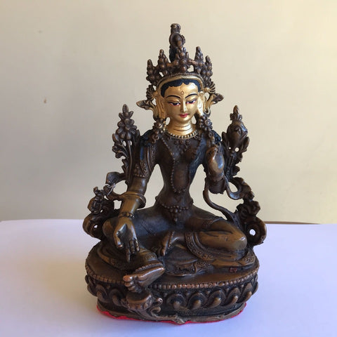 Green Tara 6.5 Inch Copper Statue with Painted Gold Face