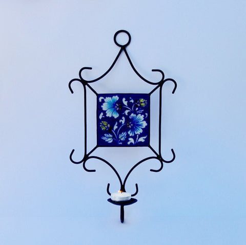 Candle Wall Hanging of Iron and Tile - single tealight