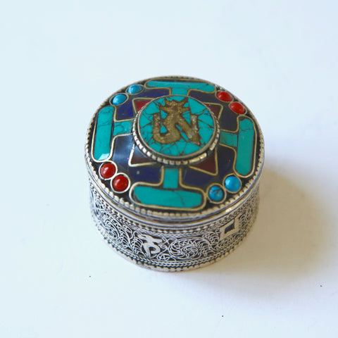 Tibetan Turquoise Round Metal Box with AH