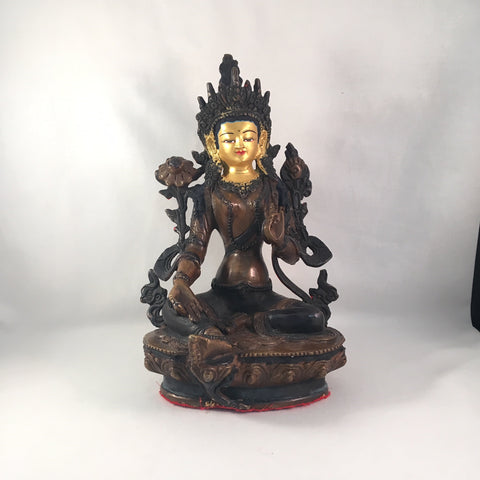 Green Tara 8.25 Inch Copper Statue with Painted Gold Face