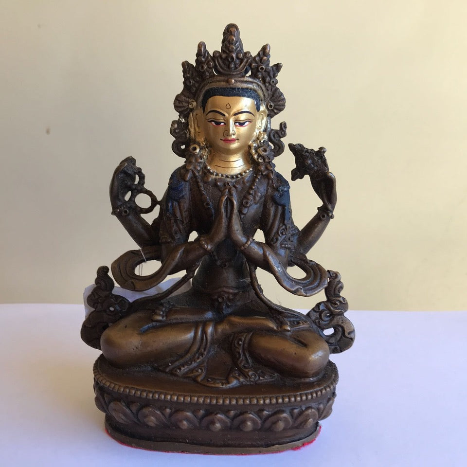 Chenrezig 6.5 Inch Copper Statue with Painted Gold Face