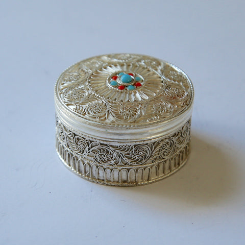 Round White Metal Fillagree Pill Box