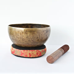 Hand Hammered Singing Bowl with 8 Auspicious Symbols in Calligraphy Style
