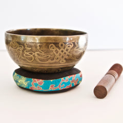 Hand Hammered Singing Bowl with 8 Auspicious Symbols in Calligraphy Style