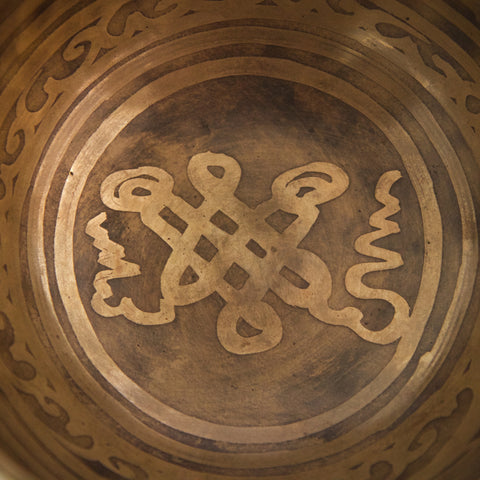 Hand Hammered Singing Bowl with 8 Auspicious Symbols in Calligraphy Style