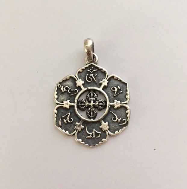 Sterling Silver Double Vajra with Mane Mantra, Lotus Shaped Pendant
