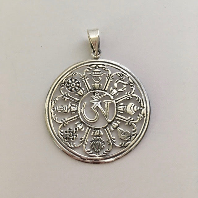 Sterling Silver Round Tibetan "OM" Pendant with Auspicious Symbols