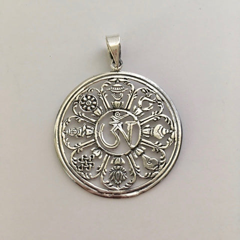 Sterling Silver Round Tibetan "OM" Pendant with Auspicious Symbols