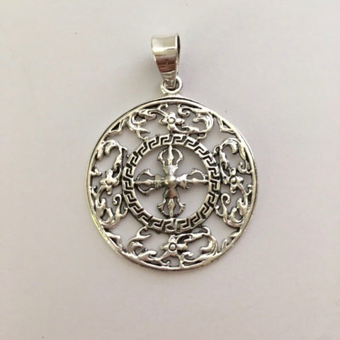 Sterling Silver Double Vajra Round Pendant with Flower Design